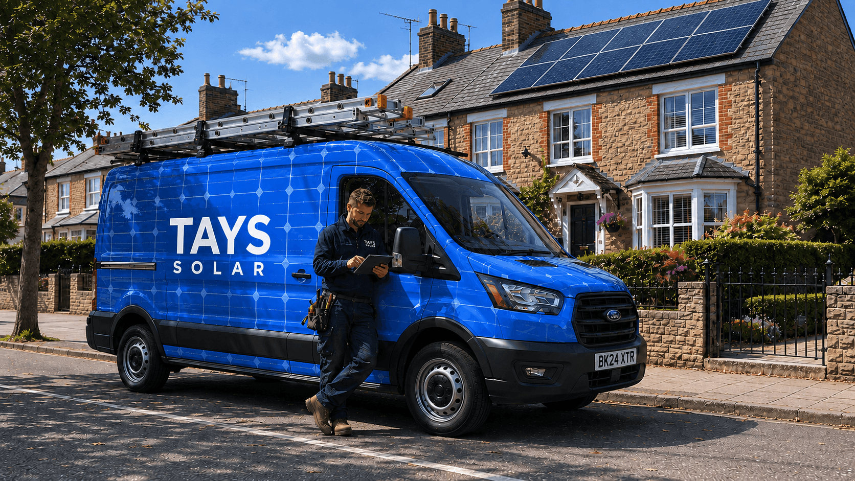 Tays Solar branded van and MCS certified installer at a UK residential property